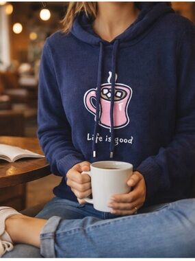 Life is Good Blue Pullover Hoodie With Pink Coffee Mug Embroidered Size Small